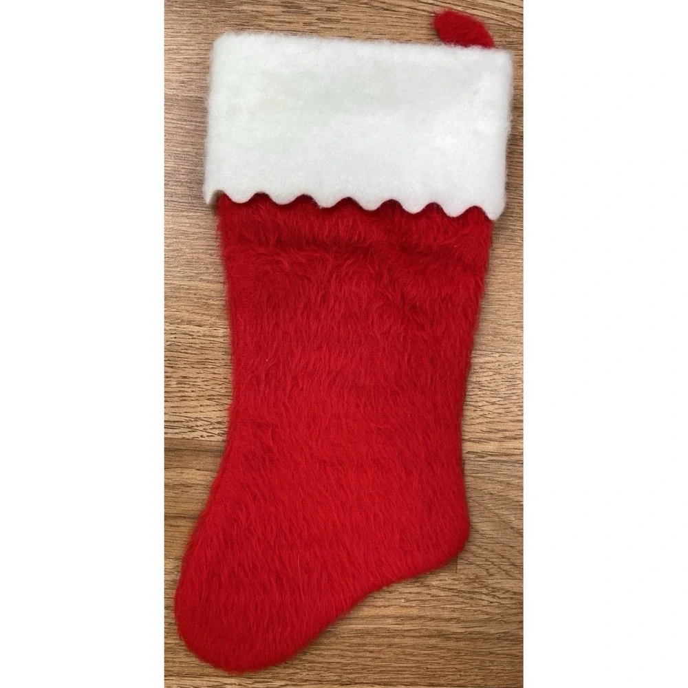 Vintage MCM Christmas Stocking Red with Puffy Plastic Santa Patch